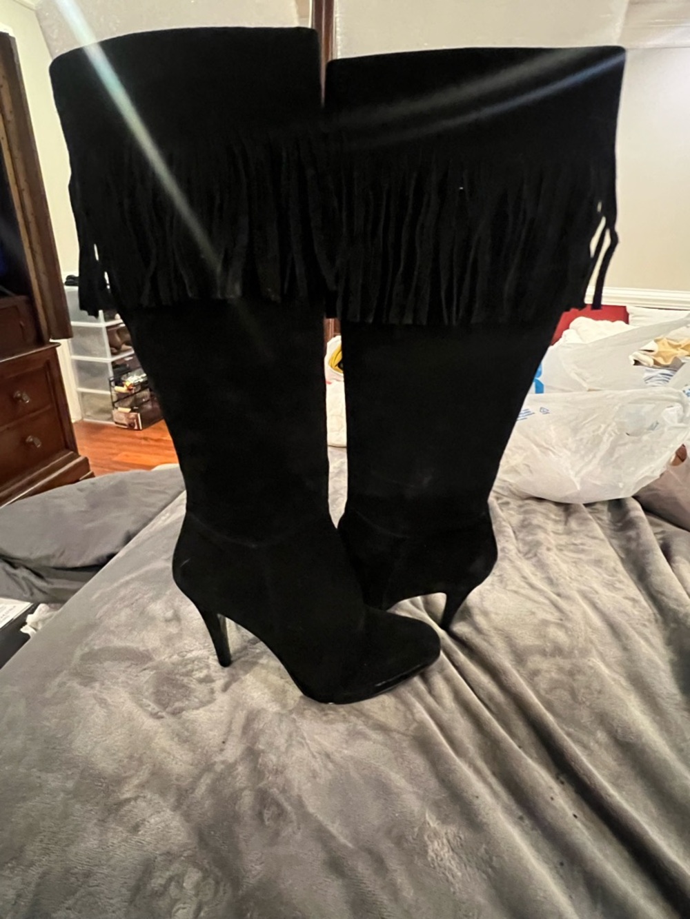 Black Fringe Suede Knee-High Heeled Boots